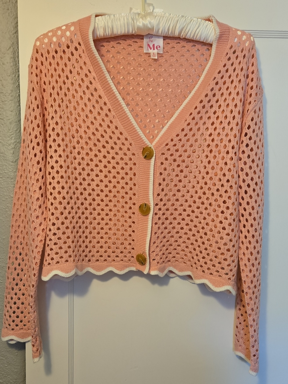 SI ME Makeover Essentials Warm Pink & Cream Open-Knit V-Neck Cardigan